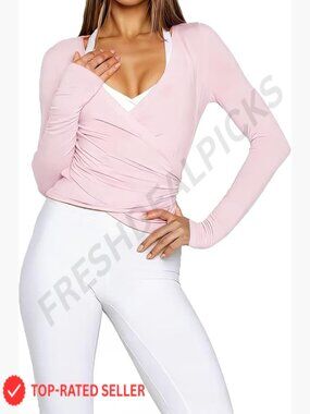 Long Sleeve Wrap Crop Top Thumb Hole Workout Yoga Pilates Ballet Tee